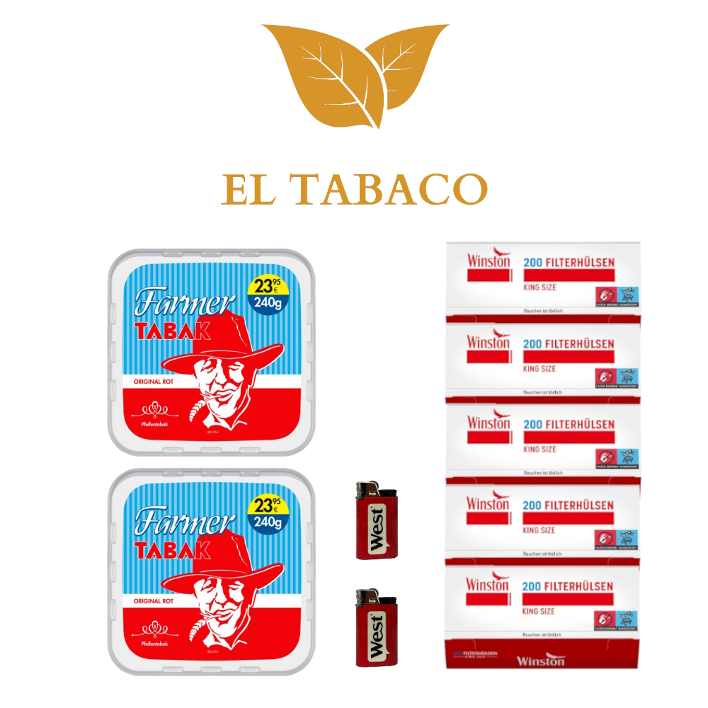 2x Farmer Rot Pfeifentabak Premium Set 480g + 1000 Hülsen + 2 Feuerzeuge 2x Farmer Rot Pfeifentabak Premium Set 480g + 1000 Hülsen + 2 Feuerzeuge
