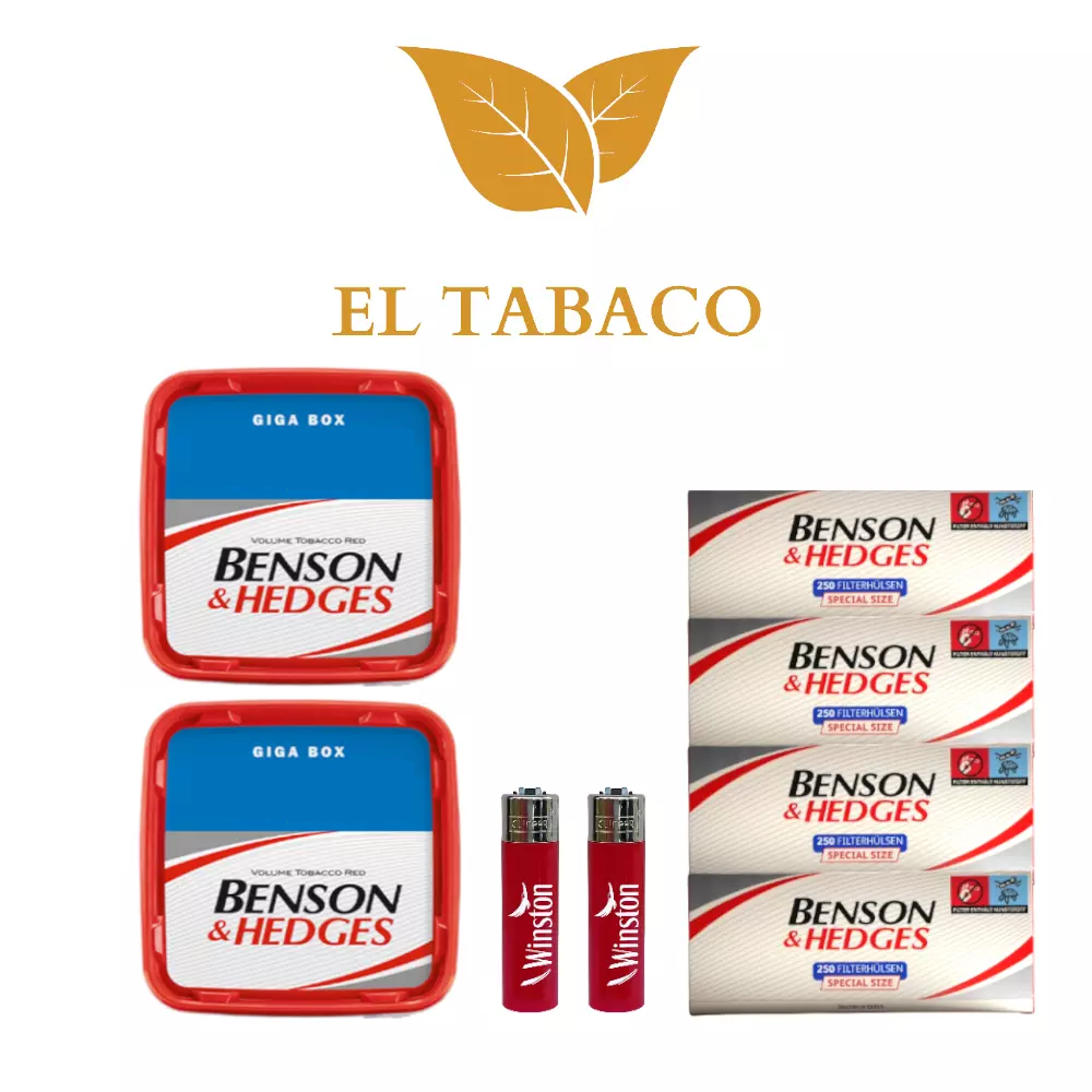 2x Benson & Hedges Red Giga Box Stopf Tabak á 255g 4x250 Hülsen 2 Feuerzeuge 2x Benson & Hedges Red Giga Box Stopf Tabak á 255g 4x250 Hülsen 2 Feuerzeuge