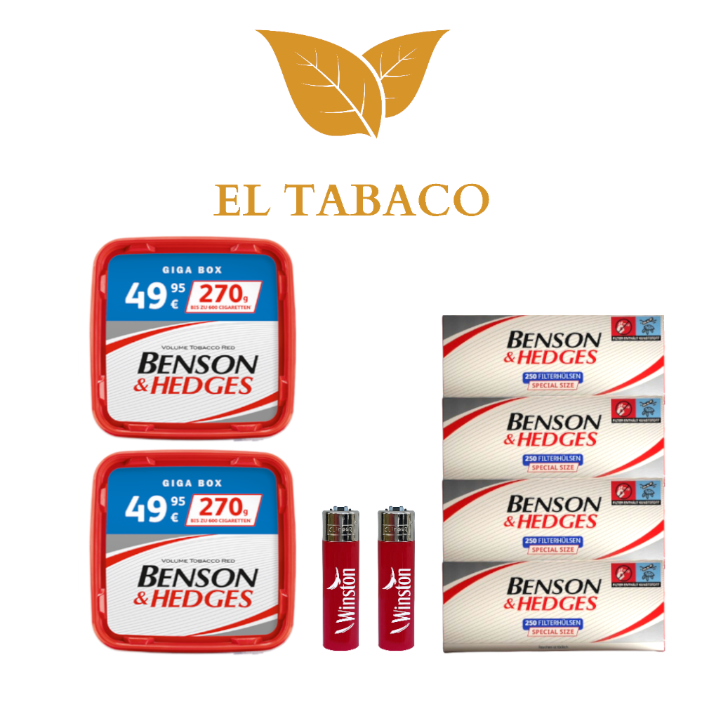 2x Benson & Hedges Red Giga Box Stopf Tabak á 270g 4x250 Hülsen 2 Feuerzeuge