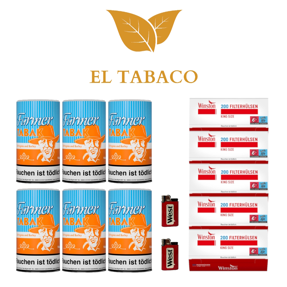2x Farmer Gelb Pfeifentabak Premium Set 960g + 1000 Hülsen + 2 Feuerzeuge 2x Farmer Gelb Pfeifentabak Premium Set 960g + 1000 Hülsen + 2 Feuerzeuge
