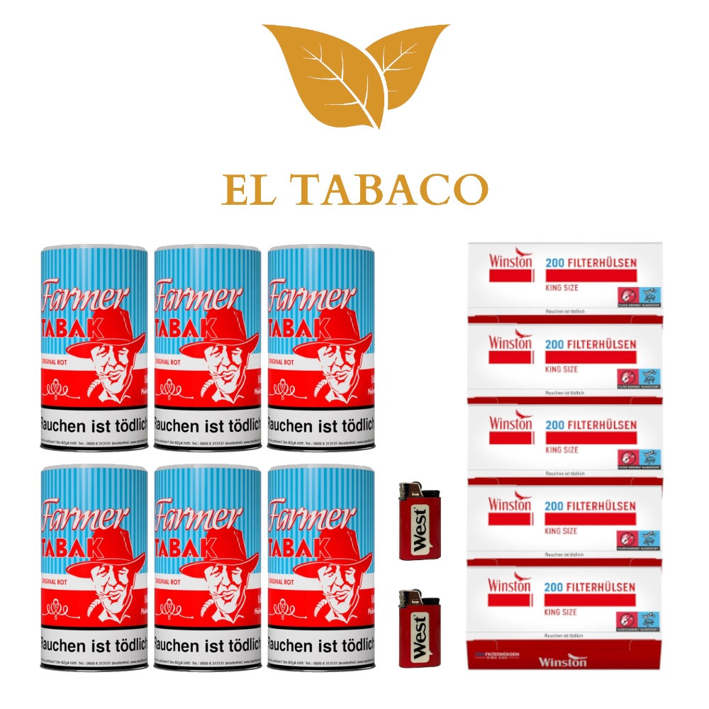 2x Farmer Rot Pfeifentabak Premium Set 960g + 1000 Hülsen + 2 Feuerzeuge 2x Farmer Rot Pfeifentabak Premium Set 960g + 1000 Hülsen + 2 Feuerzeuge