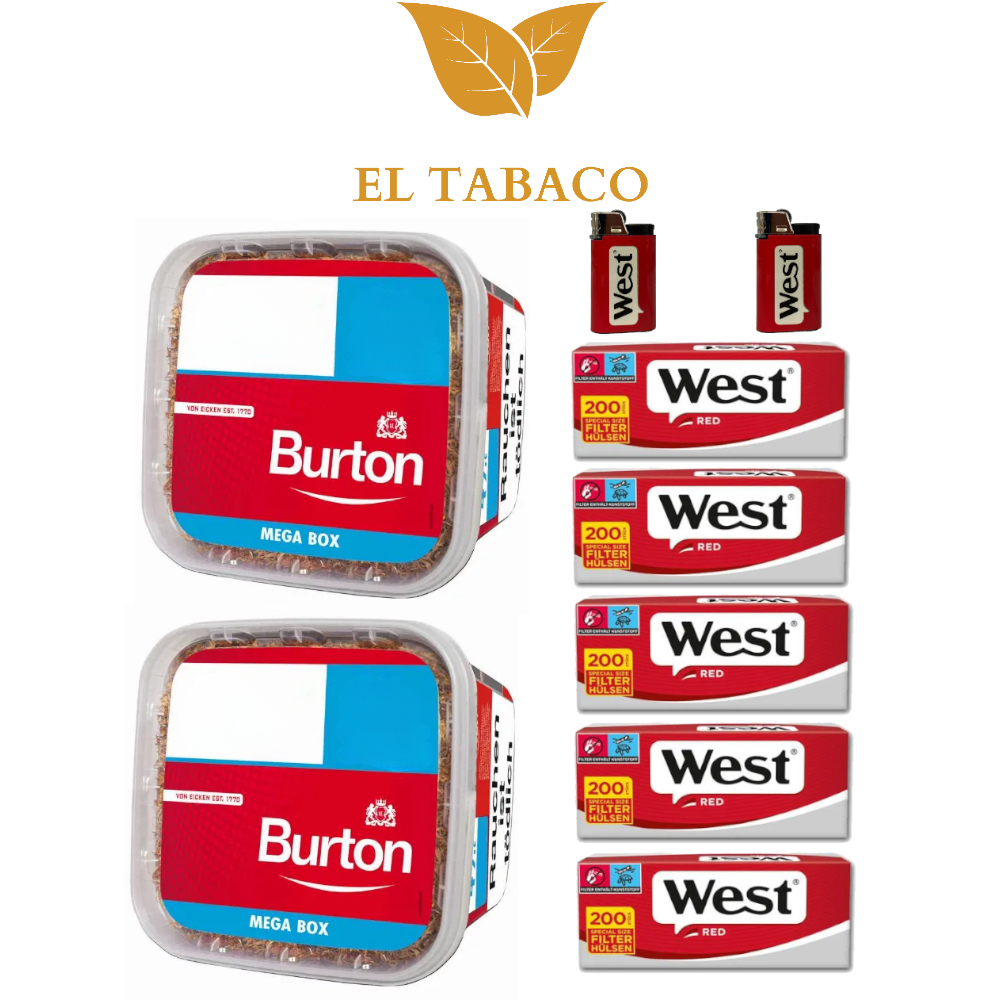2 Burton Volumen Tabak 270g mit 5x200 Filter Hülsen und 2 Feuerzeugen 2 Burton Volumen Tabak 270g mit 5x200 Filter Hülsen und 2 Feuerzeugen
