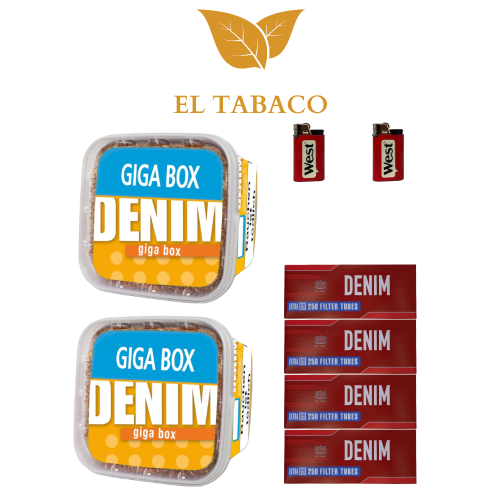 2 Denim Volumen Tabak 330g mit 4x250 Filter Hülsen und 2 Feuerzeugen 2 Denim Volumen Tabak 330g mit 4x250 Filter Hülsen und 2 Feuerzeugen