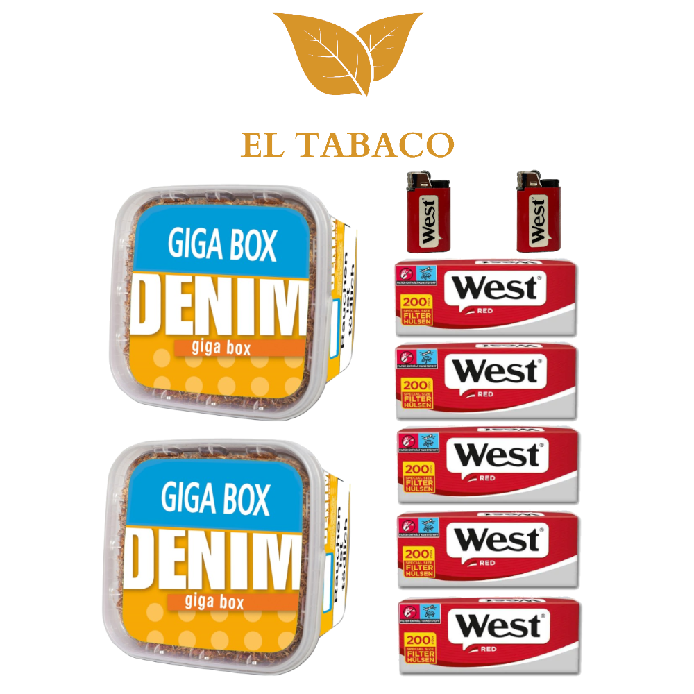 2 Denim Volumen Tabak 330g mit 5x200 Filter Hülsen und 2 Feuerzeugen 2 Denim Volumen Tabak 330g mit 5x200 Filter Hülsen und 2 Feuerzeugen