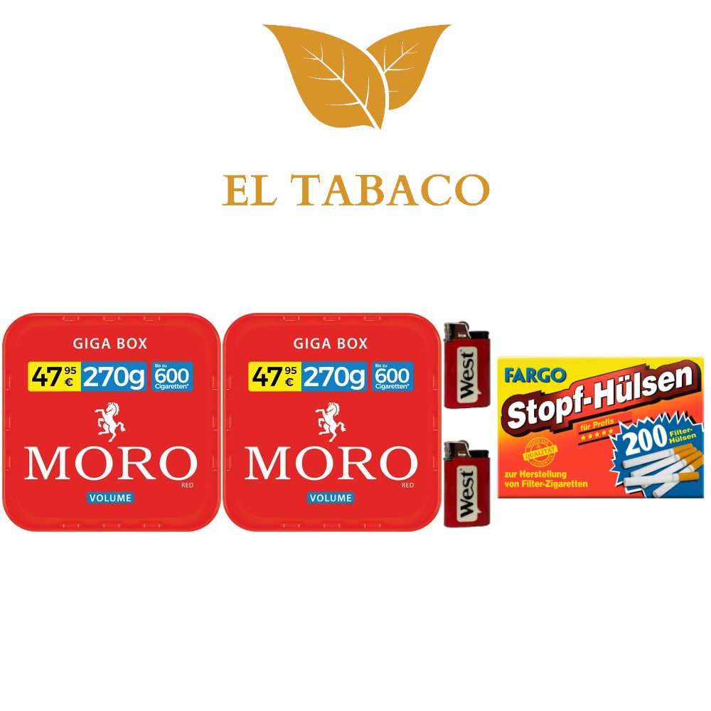 2 Moro Giga Box Sparset Volume Tabak á 245g 1000 Filterhülsen 2 Feuerzeuge 2 Moro Giga Box Sparset Volume Tabak á 245g 1000 Filterhülsen 2 Feuerzeuge