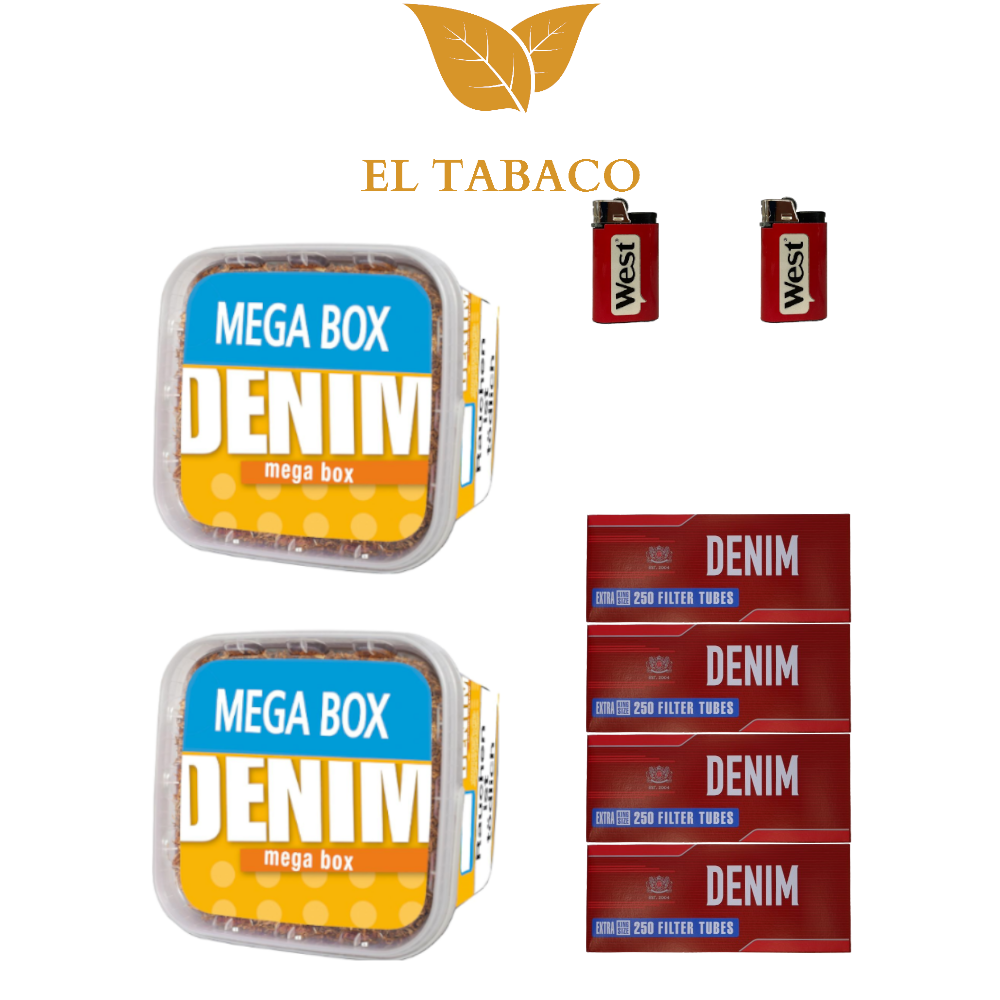 2 Denim Volumen Tabak 220g mit 4x250 Filter Hülsen und 2 Feuerzeugen 2 Denim Volumen Tabak 220g mit 4x250 Filter Hülsen und 2 Feuerzeugen