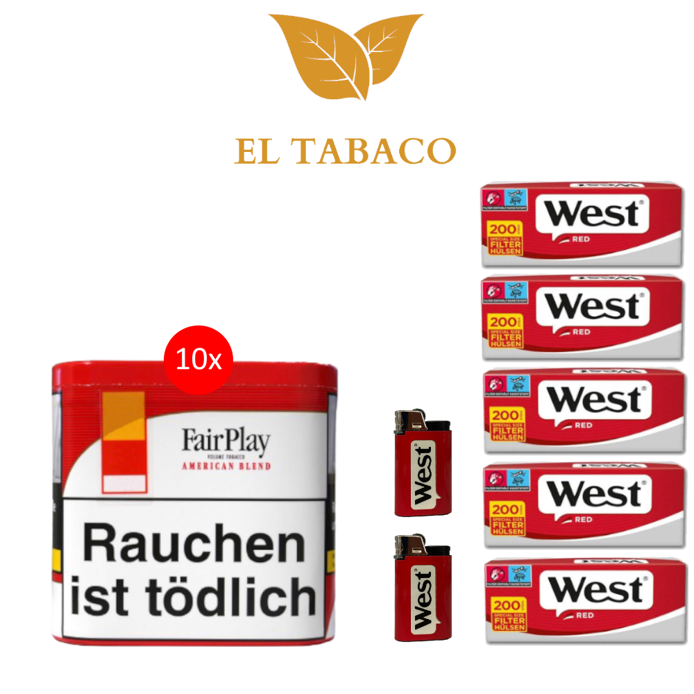 10 Dosen Fair Play Stopf Tabak á 38g 5x200 Filter Hülsen 2 Feuerzeuge 10 Dosen Fair Play Stopf Tabak á 38g 5x200 Filter Hülsen 2 Feuerzeuge
