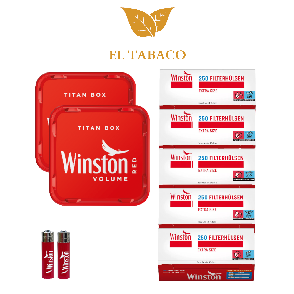 2 Winston Red Titan Boxen á 270g Stopftabak 1000 Zigaretten Hülsen 2 Feuerzeuge