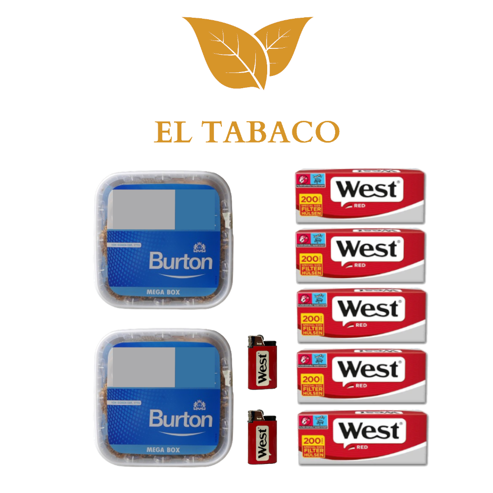 2x Burton Blau Mega Box á 270g Volumen Stopftabak 5x200 Filterhülsen 2 Feuerzeuge 2x Burton Blau Mega Box á 270g Volumen Stopftabak 5x200 Filterhülsen 2 Feuerzeuge